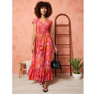 SMF Floral Pink and Orange Midi Maxi Dress
